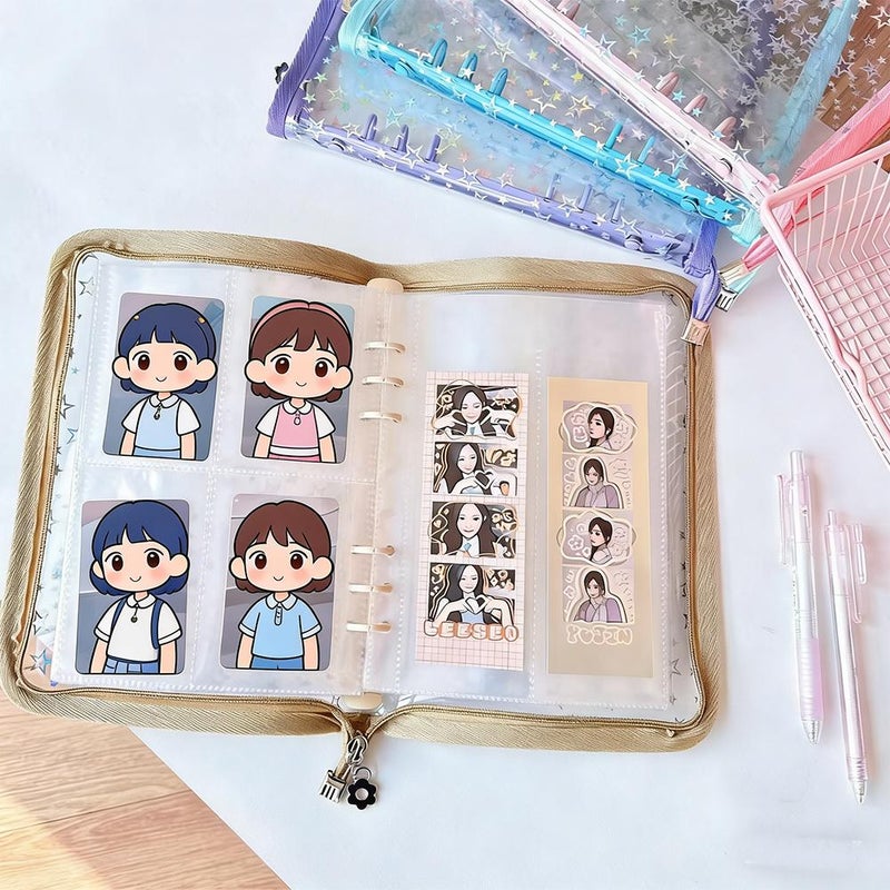 6-Ring Loose Leaf  Binder Cover with Zipper,Sparkles Holographic Stars Planner Binder Cover, Ideal for Sticker Application,Suitable Sticker Exchange - Image 3